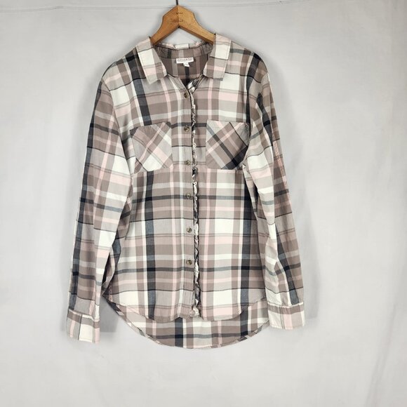 Shyanne Western Button Up Shirt Women's L Brown Pink Plaid Ruffle Feminine - Picture 3 of 8